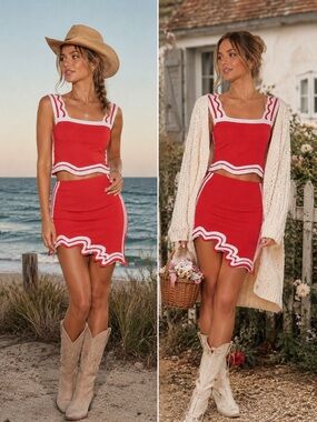 💕74💕 Red Wavy Knit Matching Set | Asymmetrical Skirt S & Top M | Retail $789